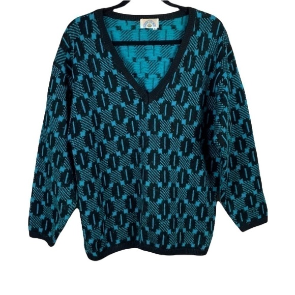 Vintage 80’s Oversized Black And Teal Abstract Print Deep V Neck Sweater Size M - Picture 2 of 11